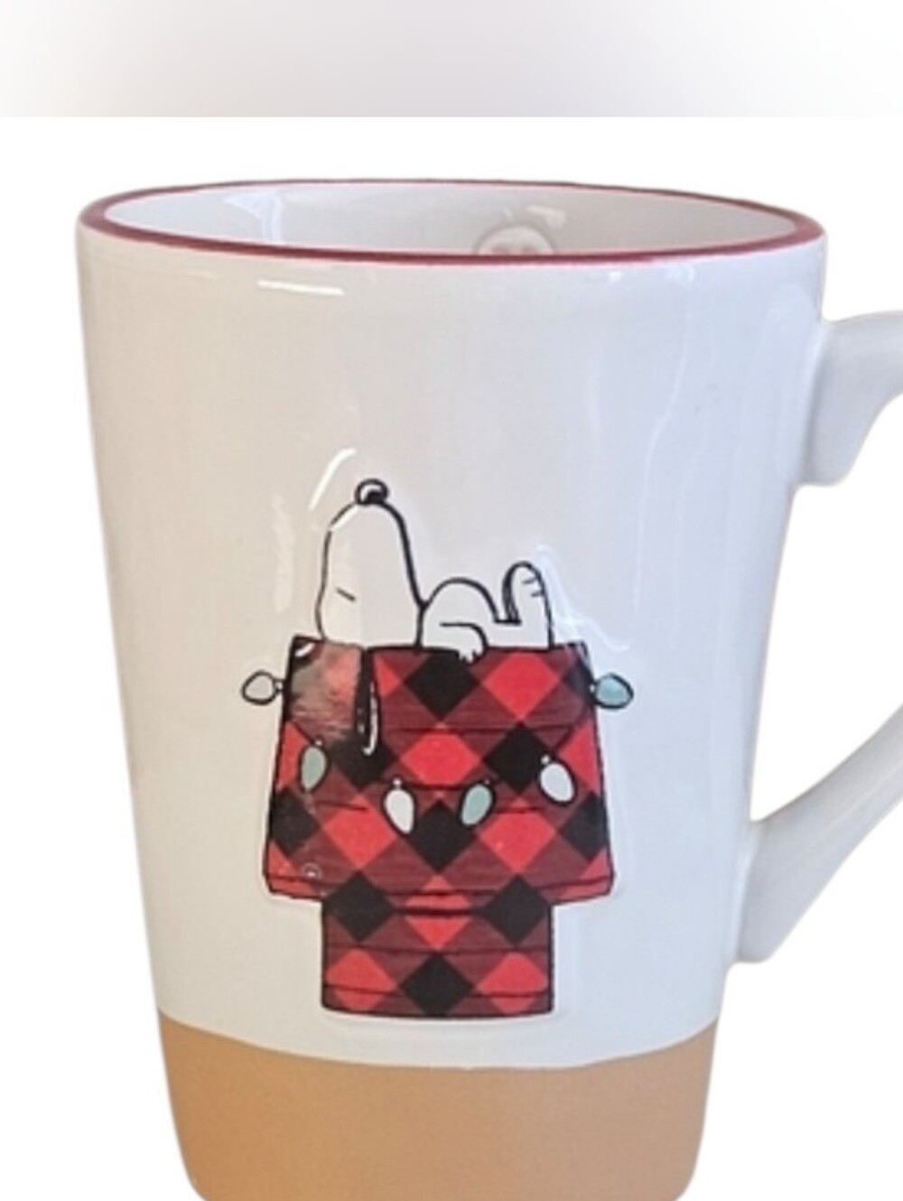 Rae Dunn White Mug with Tan Band and Pink Rim